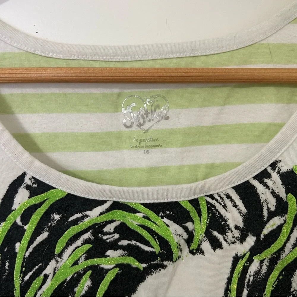 Justice Girls White Green 'Believe in Peace' Sequins Striped Tank Top Size 16 - Picture 3 of 4